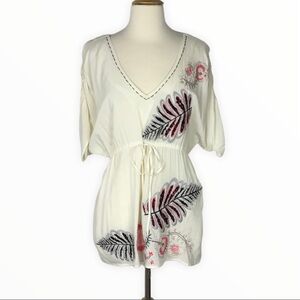 Fab’rik | Cream Embroidered Leaf Floral V Neck Boho Tunic L